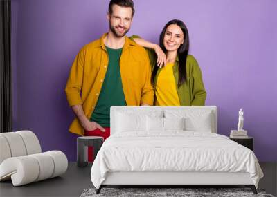 Profile photo pretty lady handsome guy couple good mood business partners confident two people workers wear casual shirts pants clothes isolated purple color background Wall mural