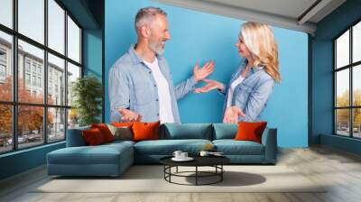 Profile side photo of aged couple happy positive smile speak talk conversation date isolated over blue color background Wall mural