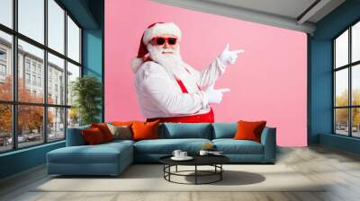 Profile side photo of funny fat overweight santa claus point index finger copyspace x-mas adverts wear overalls suspenders headwear sunglass isolated over pastel color background Wall mural