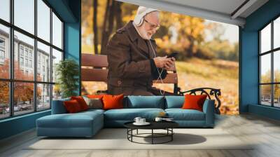 Profile side photo of modern white grey hair old man sit bench in autumn october trees park rest relax weekend use smartphone choose playlist listen music headset wear coat jacket Wall mural