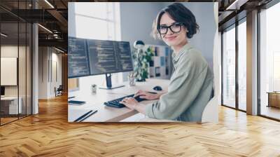 Profile side picture of positive business lady working hard writing scripts coding working online indoors in office Wall mural