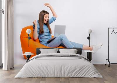 Profile side view of her she nice attractive lovely cute cheerful cheery girl sitting in bag chair using laptop celebrating success project start-up isolated over light white color background Wall mural