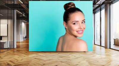 Profile side view portrait of attractive cheery girl fresh skin aesthetic copy space ad isolated over bright teal turquoise color background Wall mural