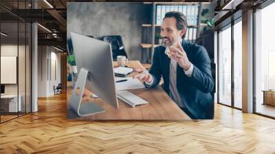 Profile side view portrait of his he nice handsome cheerful man ceo boss chief executive specialist online meeting discussing project start-up at modern loft concrete industrial work place station Wall mural