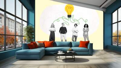 Retro artwork of black white filter people colleagues suggestions connected cartoon light bulb isolated colorful background Wall mural