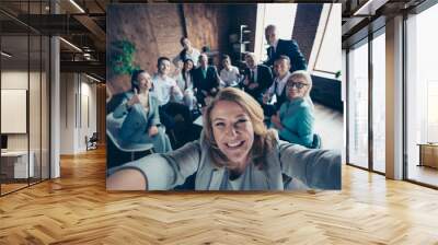 Self-portrait above high angle view of nice stylish cheerful glad positive director company staff showing thumbsup yes goal achievement recommend modern industrial loft interior work place open space Wall mural