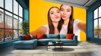 Self-portrait of nice cute charming lovely sweet girlish feminine winsome attractive cheerful cheery straight-haired girls plump lips isolated over bright vivid shine background Wall mural