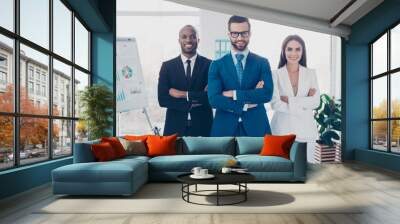 Stylish modern joyful cheerful business trio sharks in formalwear with tie, having arms crossed, standing in work place, station, looking at camera, men with bristle and glasses and beautiful woman Wall mural