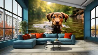 Template collage generated by ai of funny cute puppy swimming in river water on rural summer vacation Wall mural