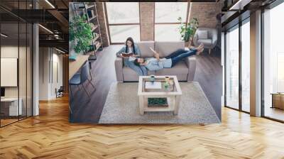 Top above high angle view full size photo of focused married couple woman sit read paper book man lie couch look watch tablet in house indoors Wall mural