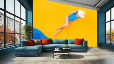 Top view above high angle flat lay flatlay lie concept full length body size view of her attractive thin girl taking sun bath luxurious relax isolated bright vivid vibrant yellow color background Wall mural