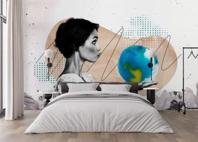 Trend artwork composite image photo collage of ecological system earth planet portrait young lady duckface hand hold globe trash garbage Wall mural