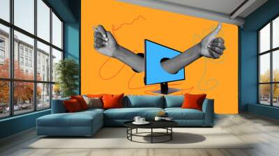 Trend artwork composite image photo collage of orange backdrop caricature fake news advertisement monitor display hand show gesture thumb Wall mural