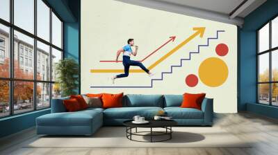 Trend artwork sketch composite photo collage of young man office manager happy run career promotion arrow show direction way up high grow Wall mural