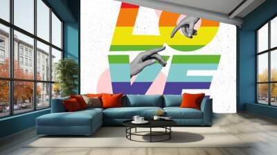 Trend collage banner of two human hands demonstrate rainbow colored word love homosexual affection concept Wall mural