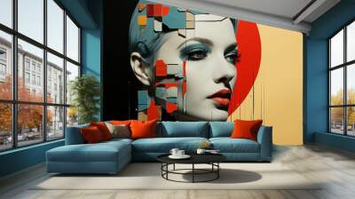 Trendy abstract illustration of woman in vintage minimalistic geometry elements Generative AI picture Wall mural