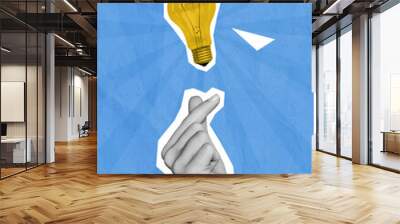 Vertical collage image of black white effect human arm fingers demonstrate korean love gesture light bulb isolated on blue drawing background Wall mural