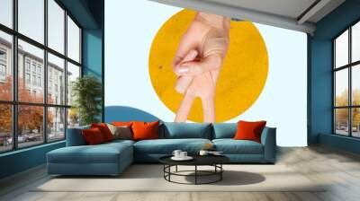 Vertical collage image of human hand upside down demonstrate v-sign symbol wear straw sunhat isolated on drawing sun water background Wall mural