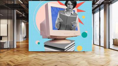 Vertical collage of library visitor young woman reading books inside computer pc monitor staring story genre isolated on blue background Wall mural