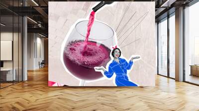 Vertical collage of mini black white colors excited girl dancing huge arm hold bottle pour wine glass disco ball isolated on creative background Wall mural