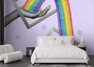 Vertical collage of two black white colors arms palms hold drawing rainbow connection wooden photo frame isolated on violet background Wall mural