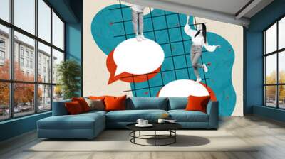 Vertical collage picture of two mini black white gamma people stand dance balancing empty space dialogue bubble isolated on creative background Wall mural