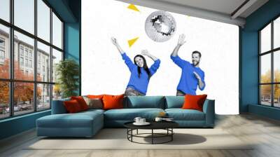 Vertical collage picture of two small excited people dancing arm fingers black white gamma hold disco ball isolated on painted background Wall mural