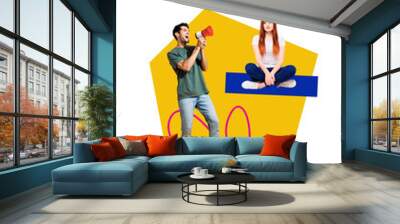 Vertical creative art collage of two business boss man employee girl scream megaphone brainwash dictator isolated on painting background Wall mural