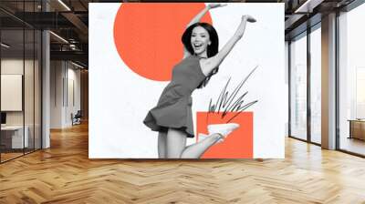 Vertical photo collage of excited girl jump success triumph concept happiness wear sexy short dress isolated on painted background Wall mural