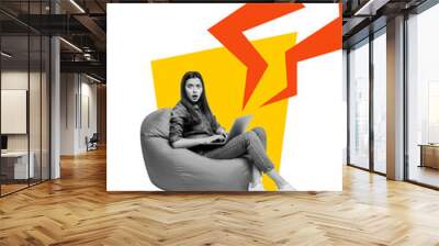 Vertical photo collage of shocked girl sit beanbag surf laptop device lightning cyberattack bullying problem isolated on painted background Wall mural