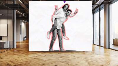 Vertical photo collage of two happy guy carry back girlfriend feelings affection heart icon sympathy isolated on painted background Wall mural