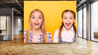 Wow  hooray yes! Celebrate win winner victory delight concept. Close up portrait of excited cheerful beautiful lovely cute stylish modern screaming shouting girls isolated on bright background Wall mural