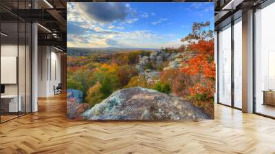 unusual rock formations on the top of a mountain surounded by an Autumn colored forest fading to a distant horizon under a painted sky, Garden of the Gods Illinois Wall mural