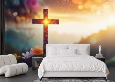 crucifixion of jesus christ abstract christian cross colorful banner easter and christian concept horizontal background copy space for text Wall mural