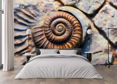 the imprint of a prehistoric ammonite shell in a stone paleontological preserved evidence of ancient life spiral fossil snail like shell Wall mural