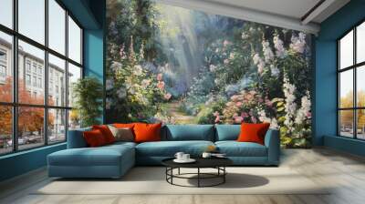 Soft morning light illuminating flower garden Wall mural