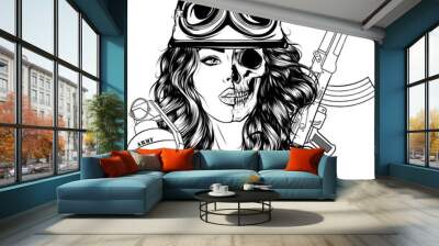 Monochrome Female war soldier standing, ink drawing abstract style Wall mural