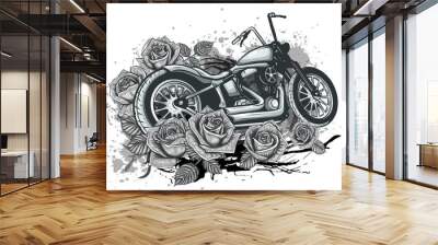 motorcycle vector bike with roses and peonies, card frame Wall mural