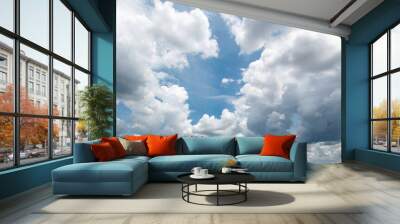 blue bright sky warm background with white clouds cumulus floating soft focus, copy space. Wall mural