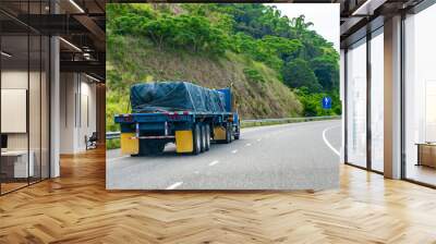 Loaded 22 wheeler cargo semi trailer truck covered and tied/strapped down with rope driving on left hand side of road on dual carriageway. Red and white reflective stickers/ reflectors on rear end. Wall mural