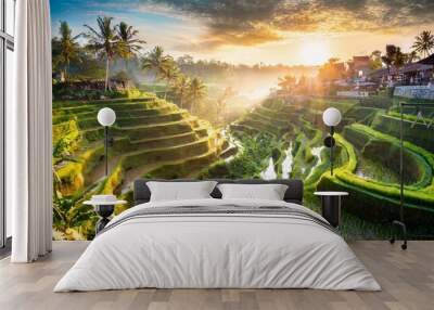 beautiful sunrise over famous balinese landmark tegalalang rice terraces magic sun rays amazing light welcome to bali travel concept Wall mural