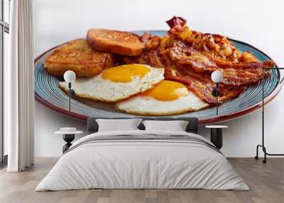 classic diner breakfast with eggs bacon toast and hash browns served on a vintage plate Wall mural