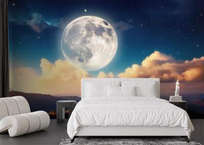 dreamy and surreal with beautiful sky with a large moon and stars Wall mural