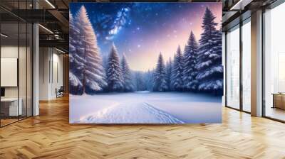 landscape white snow pine forest merry christmas of winter wonderland galaxy beautiful stars light glow ai generate Wall mural