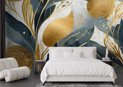 painted abstract background modern seamless pattern with plant silhouettes and gold graphic elements Wall mural