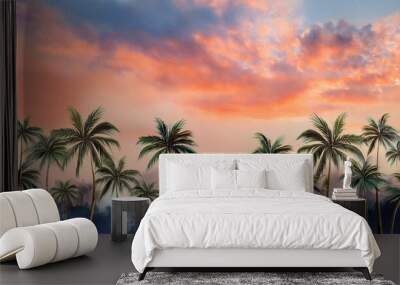 tall tropical trees in morning sunrise colors wall mural painted art watercolor art style wallpaper background Wall mural