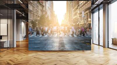 Busy intersection with crowds of people at 23rd Street and 5th Avenue in New York City with sunlight glowing Wall mural