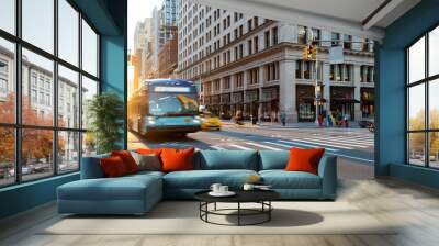 Busy street scene with people, bus and taxi at the intersection of 23rd and 5th Avenue in New York City with sunlight background Wall mural