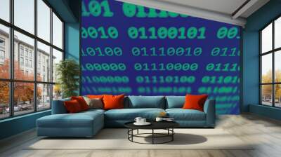 Closeup view of binary computer code with 1s and 0s displayed on a screen with focus blur effect in green and blue Wall mural