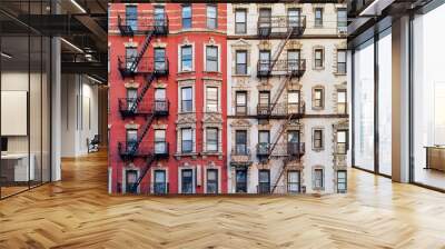 New York City historic apartment building panoramic view with windows and fire escapes Wall mural